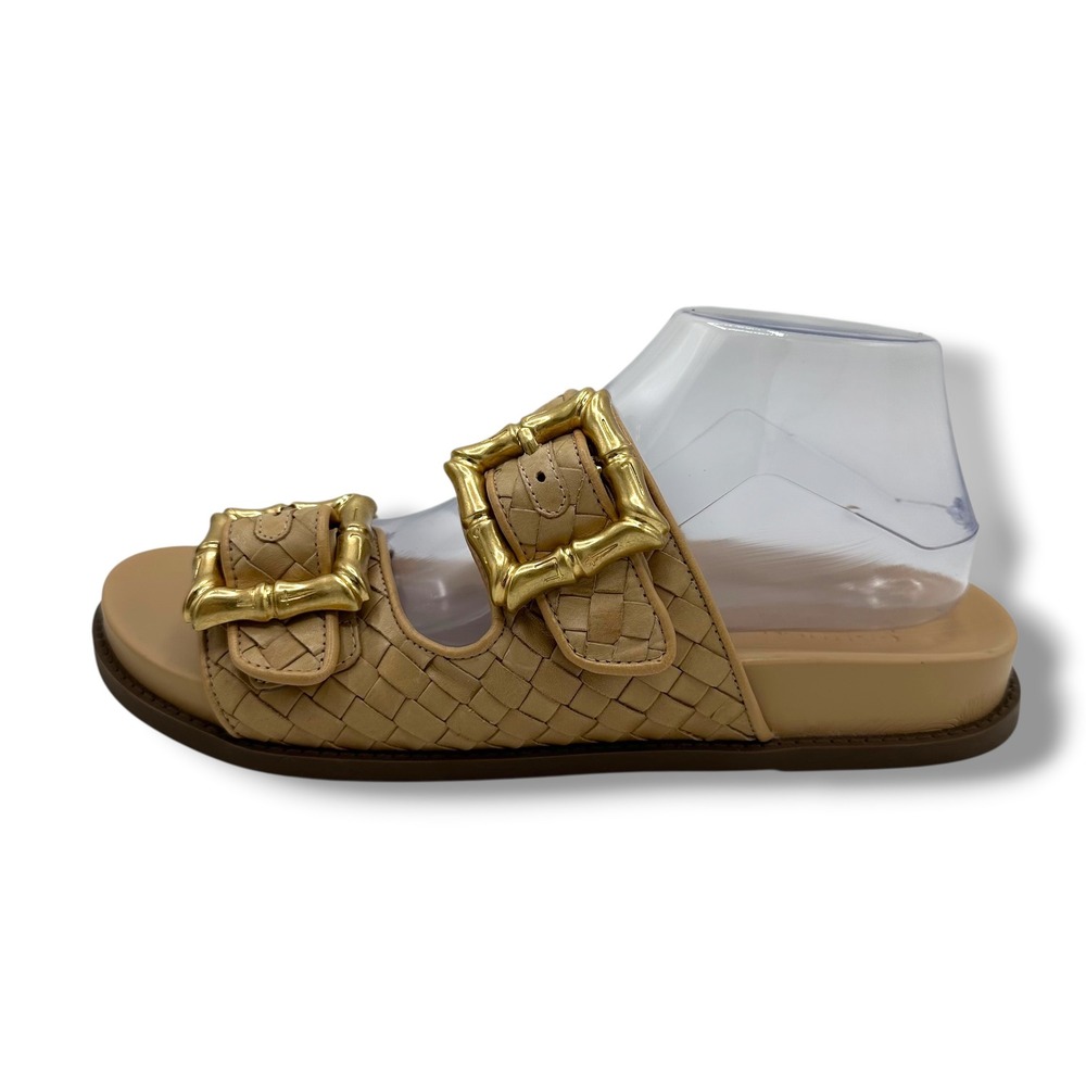 Schutz Atanado Tan Woven Leather Bamboo Buckle Slide Sandals Molded Bed 11B - Picture 2 of 11